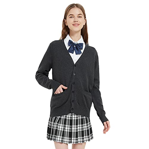 Image of Blostirno Women's Cardigan School Uniform Sweater Cardigans V-Neck Long Sleeve Button Down Knit with Pockets