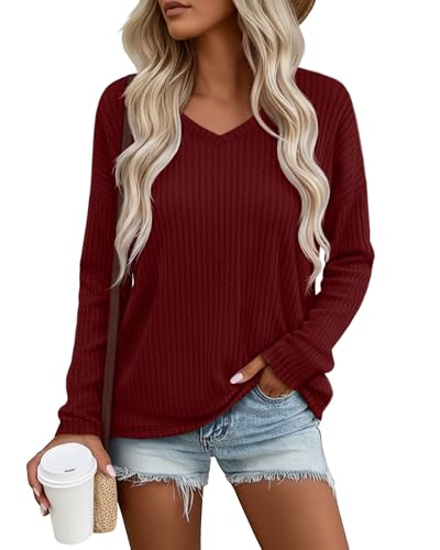 Velvelhall Women's V Neck Sweater Long Sleeve Knit Oversized Shirt Loose Lightweight Fall Casual Pullover Sweater Top(Wine Red,X-Large)
