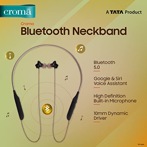 Image of Croma Bluetooth Neckband with bluetooth 5.0 for stable connectivity, metallic earbuds, voice assistant function, playtime up to 15 hrs, Built in mic, HQ microphone with 10mm driver dia (12 Months Warranty) (CREEH2005sBTNB, Brown)