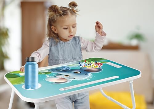 Image of Amazon Brand - Jam & Honey Foldable Laptop Table for Kids 4+ Years, Portable Study Bed Desk with Cup Holder, Tablet Stand & Ludo Game, Cute Elephant Design, BIS Certified Safe
