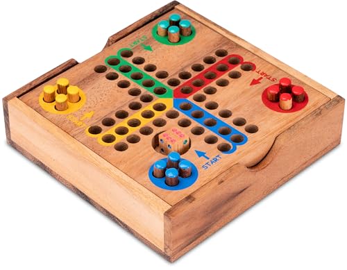 LOGOPLAY Ludo Gr. S per 2-4 giocatori, campo da gioco, 14 x 14 cm, gioco di dadi in legno