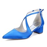 LRMYMHY Mujer Tacón Ancho Bajo Satén Zapatos De Boda Punta Cerrada Zapatos De Novia Fiesta Correa Cruzada Zapatos de la Corte,Azul,42 EU