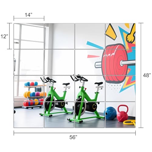 Image of Ruomeng Home Gym Mirrors 14 inch x 12 inch x 16Pcs Wall Mounted Mirror Glass Frameless Full Length Mirror Tiles for Home Gym, Bedroom, Door & Bathroom