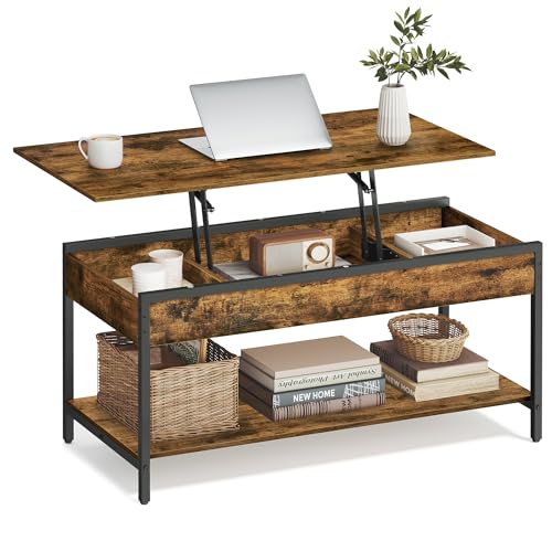 VASAGLE Couchtisch, höhenverstellbarer Wohnzimmertisch, Kaffeetisch, mit offenem Fach und versteckten Fächern, 50 x 100 cm, vintagebraun-tintenschwarz LCT261KD02