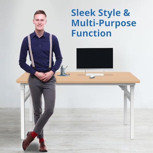 Halter Folding Desk Table, No Assembly Collapsible Computer Desk for Office, Bedroom, and Study - 47” Space-Saving Portable, Foldable Study Table- Teak Colored Table Top, White Frame