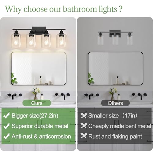 Image of MOKATNG 4-Light Bathroom Light Fixtures, Vanity Light with Clear Glass Shades, Matte Black Bathroom Light Fixtures Over Mirror, Modern Bathroom Wall Lamp for Mirror Living Room Cabinet Bedroom