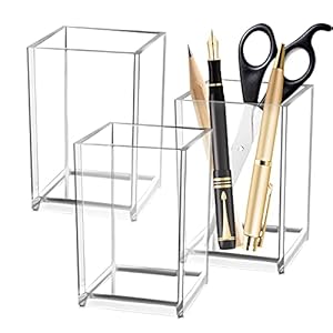 LiangDian 3 Pcs Acrylic Pen Holder Transparent Square Pen Pot Desktop Organizer Pencil Cup Makeup Brush Holder for Office School Home