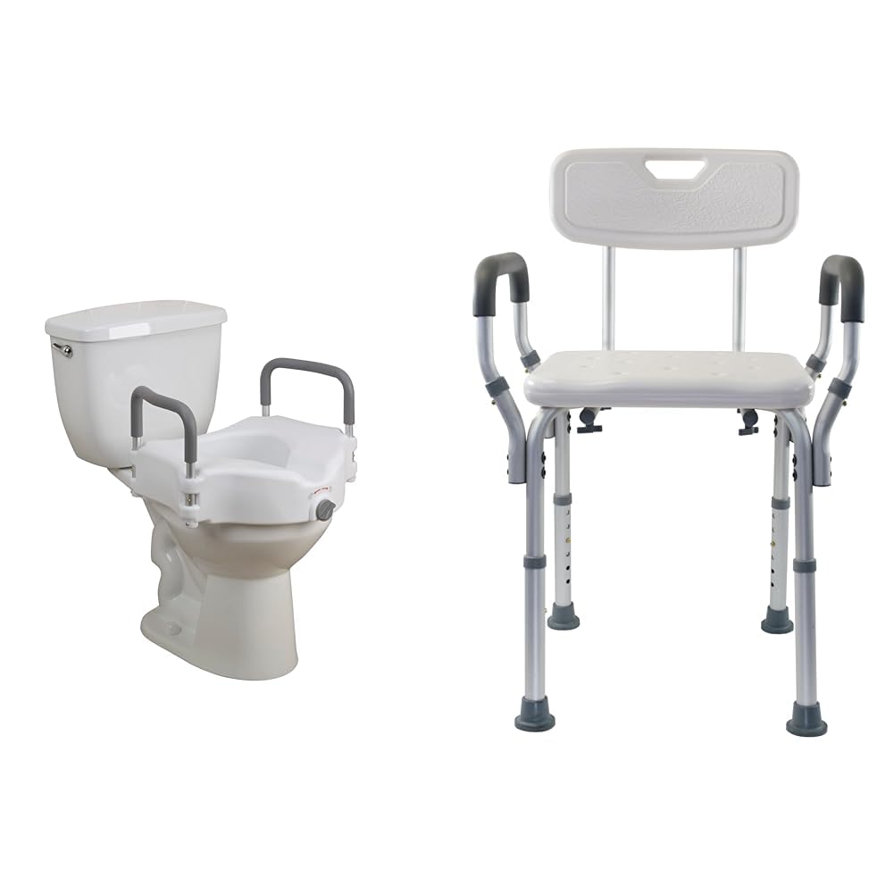 Drive Medical 2-in-1 Toilet Seat with Arms and Essential Supply Height Adjustable Shower Bench with Padded Arms