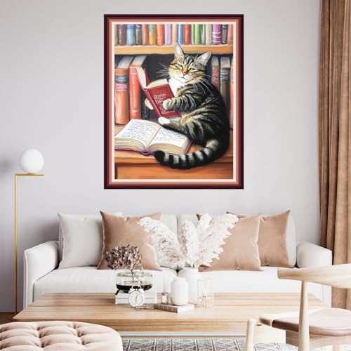 Image of Fanxvivy Stamped Cross Stitch Kits for Beginners Full Range of Cross Stitching Preprinted Embroidery Kits for Adults, 11CT Embroidery Pattern Needlepoint Kits-Cat Reading 16x20 inch