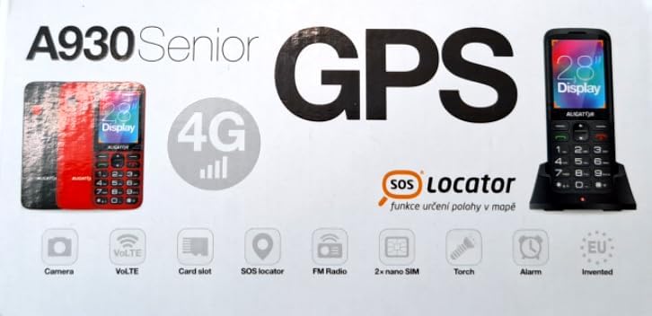 ALIGATOR AZA930B product box showing phone, charging dock, and key features like 4G, GPS, SOS Locator, Camera, VoLTE, Card slot, FM Radio, Torch, Alarm.