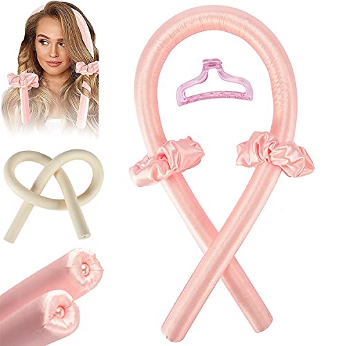 Shuang qing Heatless Hair Curlers,No Heat Silk Ribbon Curls Hair Rollers,Upgraded Rubber Hair Curl Ribbon,Overnight Hair Rollers Curler for Women Girls Long Medium Hair, DIY Hair Curling Kit (Pink)