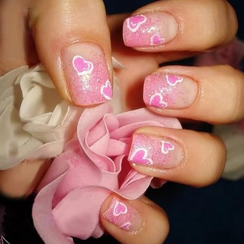 バレンタインデープレス爪ハートグリッターショートスクエア付け爪マニキュア爪の装飾ロマンスルック
