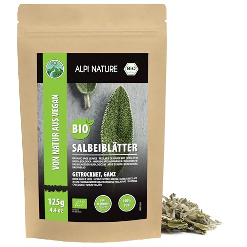 Alpi Nature Sauge Thé BIO 125g, Feuilles Entières Séchées pour Préparation de Thé à la Sauge, Salvia Officinalis
