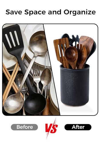 Image of LoeJan Utensil Holder, Extra Large Utensil Crock, Stable Ceramic Utensil Organizer, Cooking Tool Organizer Set for Kitchen Counter Farmhouse Decor, Textured Black