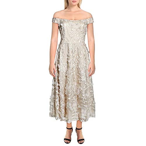 Carmen Marc Valvo Womens Mesh Off-The-Shoulder Cocktail Dress Beige 10