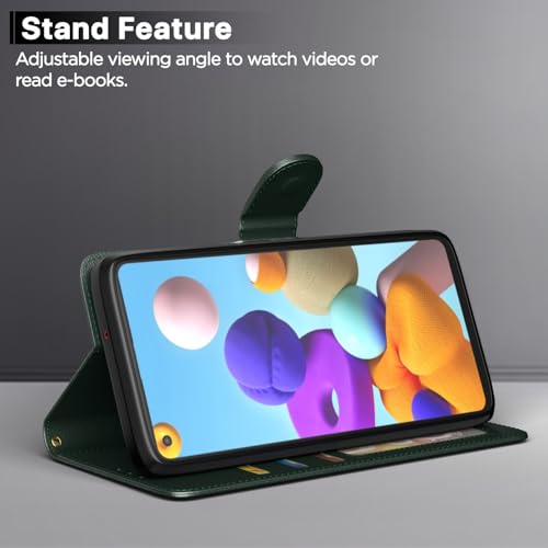 Image of Pikkme Flip Cover for Samsung Galaxy A21s Leather Finish | Inside TPU with Card Pockets | Wallet Stand and Shock Proof | Complete Protection Flip Case (Green)
