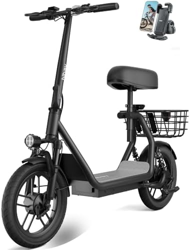 Hiboy Q2 Electric Scooter with Seat for Adults, 500W Peak Motor, 20MPH, 22 Miles Range, Foldable, Dual Suspension, Front & Rear Drum Brakes, Commuter E Scooter with Basket & Phone Holder, Pure Black