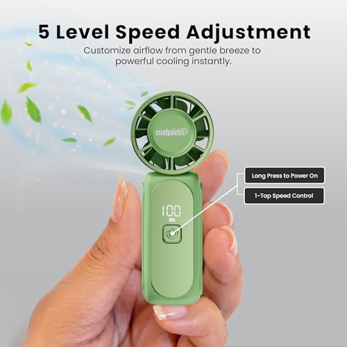 Image of SAL-TF-05 Mini Portable Fan with 13000 RPM Brushless Motor, 5 Speed Adjustment, Rechargeable USB Fan, Compact Handheld Cooling Fan for Travel, Office, Makeup & Outdoor Use (Green)