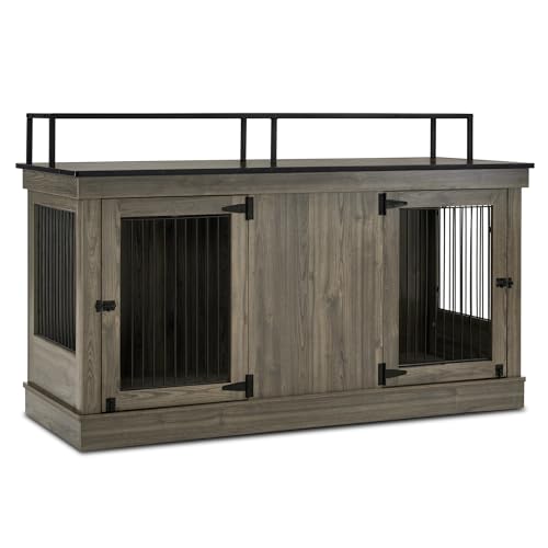 MCombo Large Dog Crate Furniture TV Stand, Wooden Pet Kennel with Double Doors, Indoor Furniture Style Dog House End Table, 1861 (Brown)