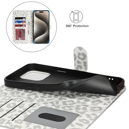 Image of for iPhone 15 Pro Max Case Wallet with Card Holder,for iPhone 15 Pro Max Wallet Case for Women Men,PU Leather Shockproof Magnetic Buckle Stand Flip Phone Case-White Leopard