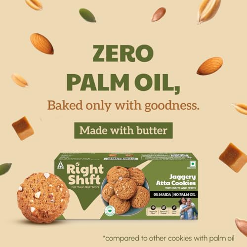 Image of Right Shift Jaggery Atta Cookies, 120g| No Palm oil, Made with Butter | 0% Maida, Refined Sugar| With Goodness of 6 Nuts & Seeds| Anytime Snack