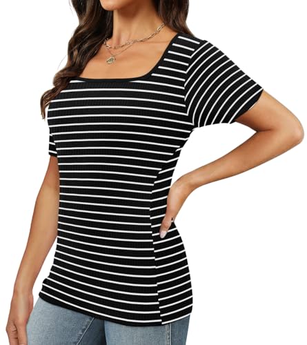 Image of XIEERDUO Womens Square Neck Short /Long SleeveTops 2024 Spring Summer Slim Fit Tees Shirts