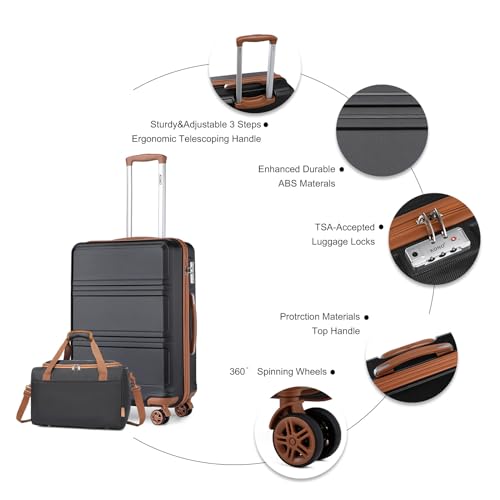 Kono Set Di 2 Valigia Bagaglio A Mano Rigida E Leggera Abs Trolley 65Cm Con 4 Ruote Rotanti E Lucchetto Tsa & Borsa Da Viaggio 40X20X25 Ryanair, Nero+Marrone - 3