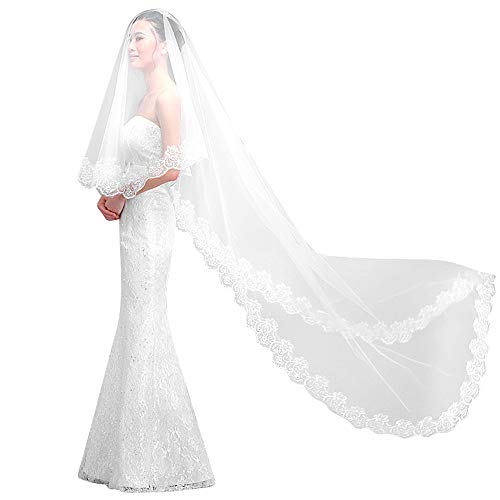 Voile de Mariée avec dentelle sur les bords Voile de Marriage Longue de 5 Mètres élégant Beau Blanc Nuptiale Accessoires de Marriage Princesse Tulle pour Cathédrale...
