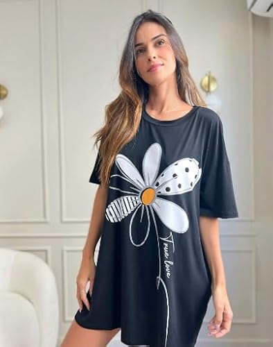 Camisola Feminina De Dormir Camisetão Verão Manga Curta Flor (Padrão, Preto, G)