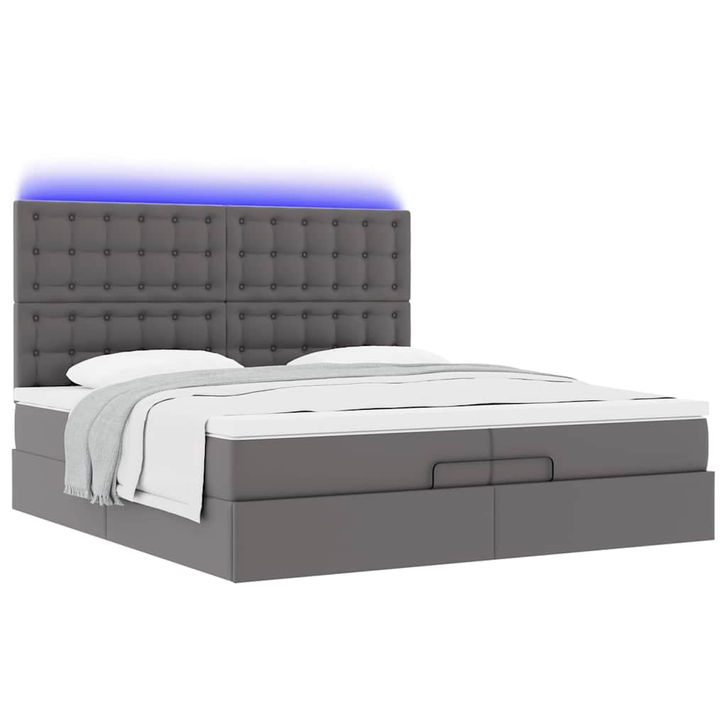 Letto a pouf con materassi e LED, grigio, 200 x 200 cm, in ecopelle, design moderno, con sistema di sollevamento idraulico, per camera da letto e camera degli ospiti