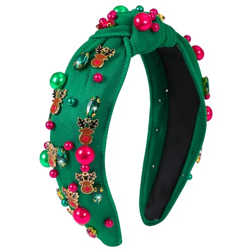 Gmmidea Christmas Reindeer Antler Headbands for Women Girls Red Green Pearl Xmas Knotted Headband Glitter Rhinestone Bejeweled Holiday Headpiece Christmas Party Accessories Gifts