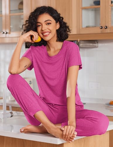 Image of Ekouaer 2 pack Pajama Sets for Womens Jogger Pants Pjs Short Sleeves Lounge Set Soft Sleepwear with Pockets