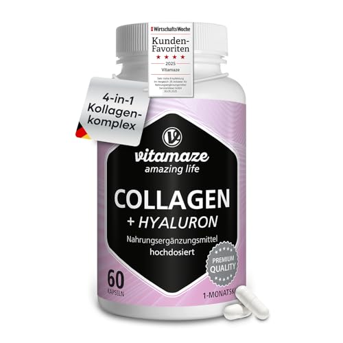 Vitamaze Kollagen Hydrolysat 600 mg Hochdosiert mit Hyaluronsäure, Chondroitin und Lysin. Für Knochen, Gelenke, Haut und Haare. 60 Kapseln für 1 Monat. Apothekenqualität, Bioaktive Premium Peptide. Vitamaze Kollagen Hydrolysat 600 mg Hochdosiert mit Hyaluronsäure, Chondroitin und Lysin. Für Knochen, Gelenke, Haut und Haare. 60 Kapseln für 1 Monat. Apothekenqualität, Bioaktive Premium Peptide.
