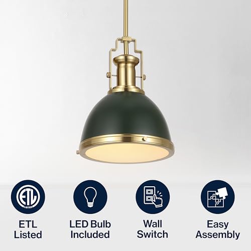 Image of JONATHAN Y Homer Industrial Dome Pendant 10 inch, Kombu Green /Brass Gold