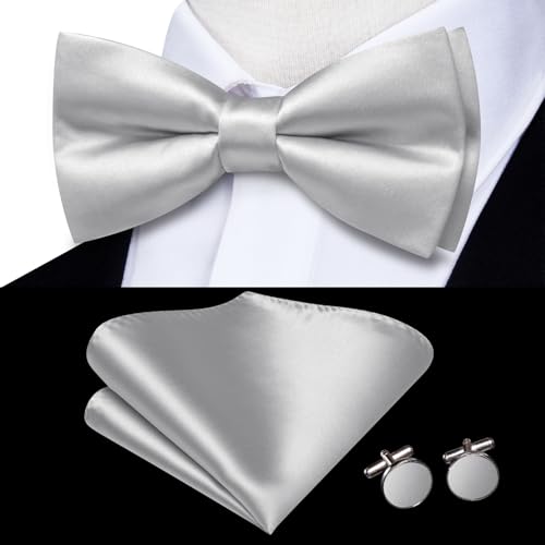 Image of Hi-Tie 5Pcs Mens Solid Color Silk Tie Satin Pretied Bowtie Lapel Pin for Men Handkerchief Cufflink Wedding Gift Box