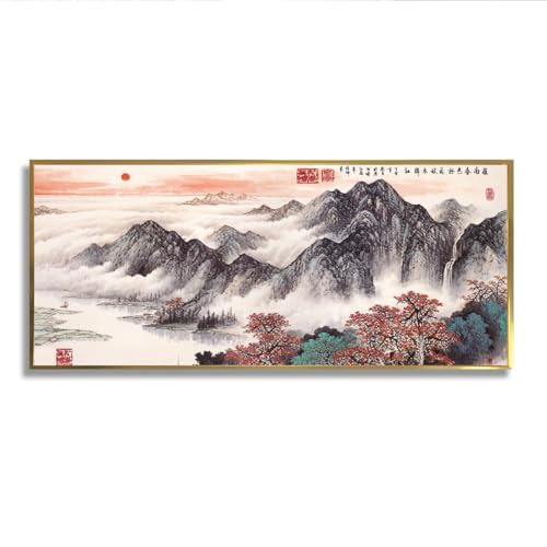 LAIZIHOME Chinese Landscape Canvas Wall Art Panoramic Mountain Mural Prints Traditional Nature Painting for Living Room Dining Room Decor 16X40inch/40x101cm With Gold Frame