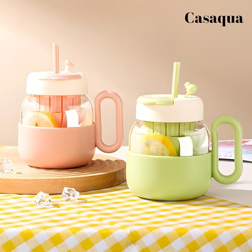 Image of Glass Tea Infuser Mug with Straw & Handle - 550ml, Set of 1, Cute Heart Design Cup, Drinking Glass for Iced Coffee, Matcha, Milk, Juice, Smoothies & Water, Reusable Travel Mug (Random Color)