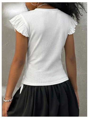 Girl's Ruffle Cap Sleeve T Shirts Crew Neck Ribbed Knit Summer Casual Tee Tops2