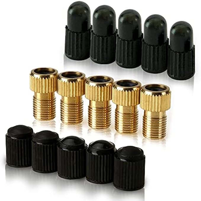 Brass Presta Valve Adaptor (Pack of 5 + 10 Caps) - Convert Presta to Schrader for All Types of Bikes, e-Bikes, and e-Scooters - Inflate Tire Using Standard Pump or Air Compressor - by Mobi Lock
