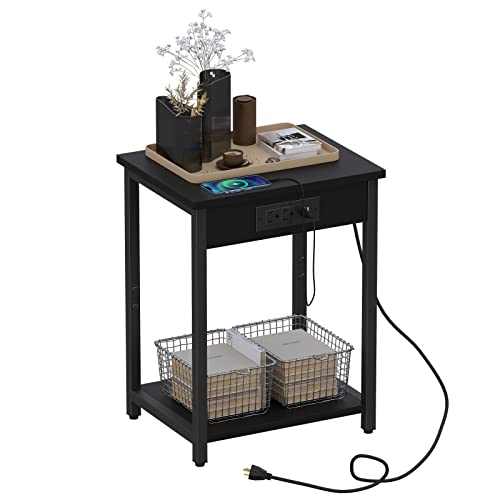 Reettic End Table With Charging Station, Sofa Side Table With Power Outlets, Industrial Nightstand With Storage Shelf And Adjustable Feet, Black Kbz202Be #TOP6