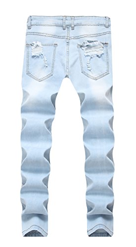 Men's Light Blue Skinny Fit Ripped Destroyed Rose Printed Stretch Jeans Pants 40W X 32L #TOP1