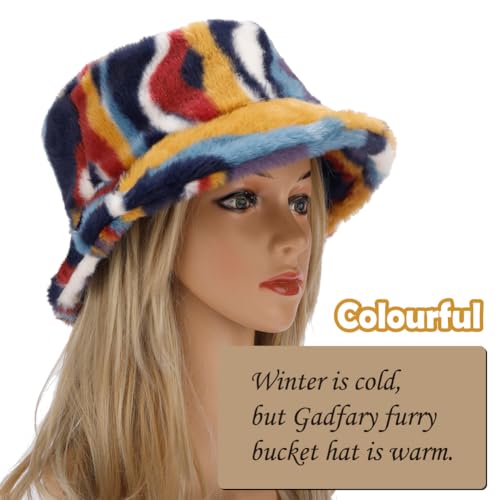 Image of Bucket Hat Women Furry Fuzzy Bucket Hats for Ladies, Winter Warm Fluffy Plush Faux Fur Hat for Women