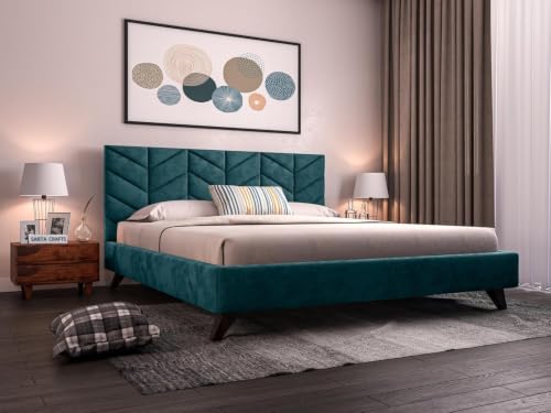 Image of Craft Modern Upholstered King Size Bed for Bedroom | Wooden Double Bed | Platform Cot Bed with Upholstery Premium Fabric | 6.5 x 6 Ft, Sheesham Wood Turquoise, Brown