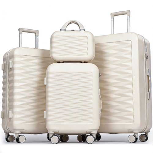 H.yeed 4-Piece Luggage Set Lightweight ABS Hard Shell Suitcase Set with TSA Lock and Spinner Wheels Travel Suitcase Set Includes 12 20 24 28 (Beige 4 pc Set)