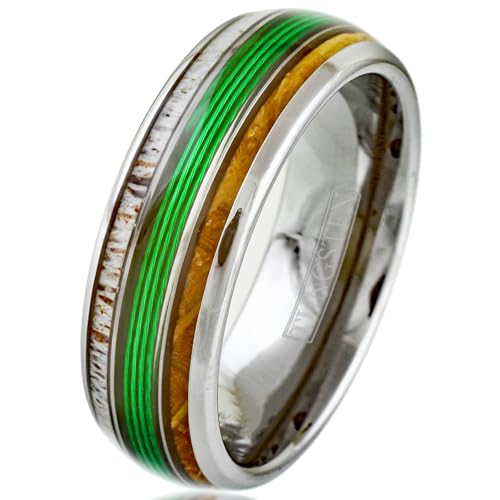 King's Cross Awesome 6mm/8mm Tungsten Carbide Low Dome Band Ring with Fishing Line Between Whiskey Barrel Oak Wood and Deer Antler Inlays. Multiple Colorways.