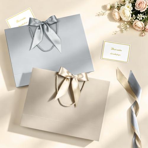 Image of JMANNI Gift Bags with Handles, 13 inch Medium Gift Bag for Presents, 4 Pcs Bags with 8 Tissue Paper and 4 Cards for Graduation Baby Shower Wedding Fathers Day Mother's Day Birthday Party(Champagne Silver)