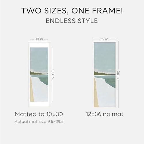 Image of Homeforia 12x36 White Picture Frame, High End Oak 12x36 Wood Poster Frames with Mat 10x30 Art, 12 x 36 White Wooden Frames Matted to 10 by 30, 36x12 Panoramic Frame, Tempered Glass, Wall Kit, Set of 2