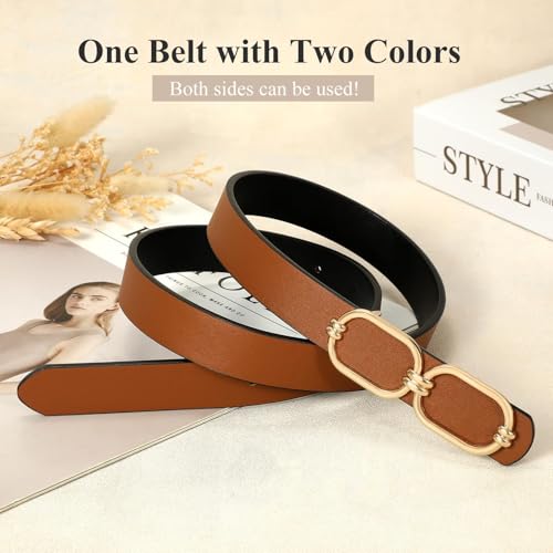 WHIPPY Women Reversible Leather Belts for Jeans Pants Fashion Skinny Belt Ladies Waist Belt with Gold Buckle4