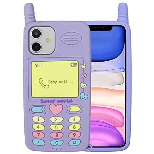 Tonvizern for iPhone 12/12 Pro 6.1" Case, 3D Cartoon Cute Retro Love Heart Classic Cellular Phone Shaped Case, Kids Women Girls Soft Silicone Rubber Cover Case (Purple Style 2)