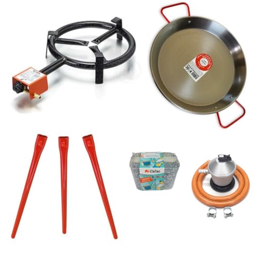 UBOON Kit Quemador Paellero de Gas Butano 25cm + Paellera 30cm + Regulador de Gas, Manguera, Soporte con Patas Reforzadas y Regalo Juego de 3 Esponjas Anti-Arañazos (KIT PAELLERA 30)